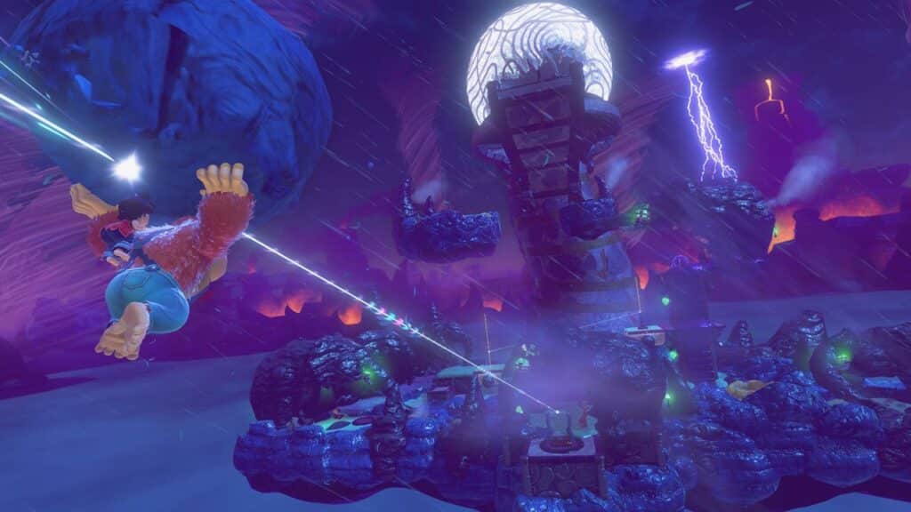 A character with a gorilla arm swings through a glowing, fantastical landscape with floating islands and lightning, channeling the excitement of a Donkey Kong Bananza.