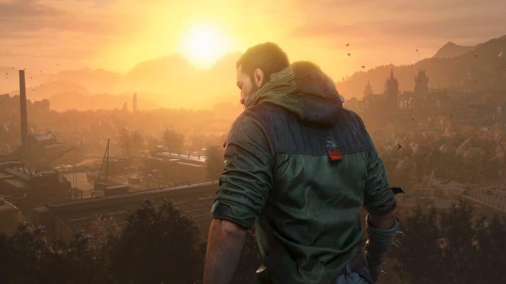 A man in a green jacket overlooks a city at sunset, with mountains in the background, evoking the atmospheric tension of Dying Light The Beast.