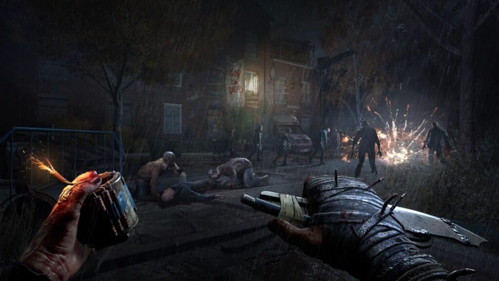 A gloved hand holds a knife and bomb, facing zombies on a rainy, dark street with distant fires—capturing the tense atmosphere of Dying Light The Beast.
