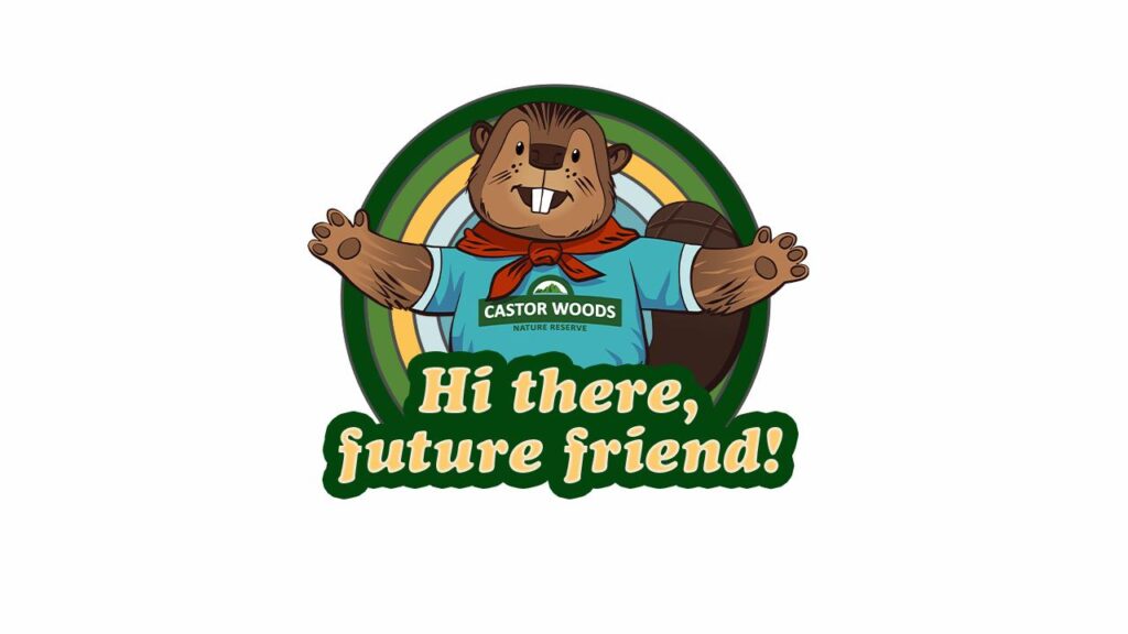 Bober the Beaver wearing a "Castor Woods" shirt with open arms, giving off Dying Light The Beast vibes, and text: "Hi there, future friend!.