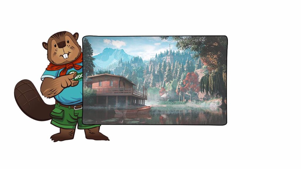 Bober the Beaver points to an image of a lakeside cabin surrounded by trees and mountains, evoking a peaceful escape far from the dangers of Dying Light The Beast.