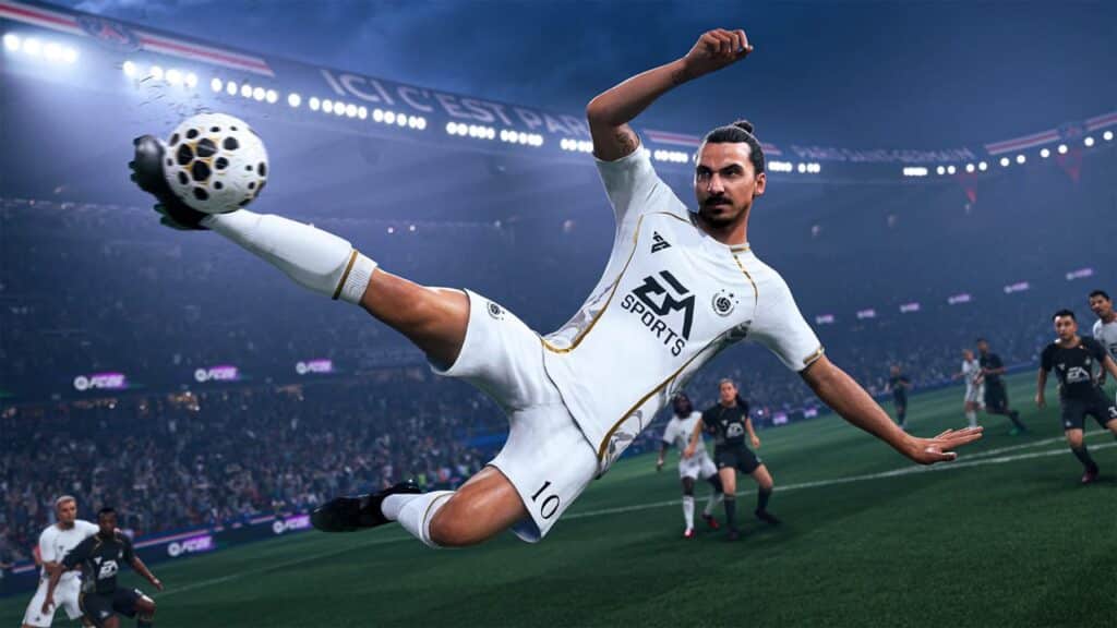 A soccer player in white performs a flying kick in a crowded stadium during a night match in EA Sports FC 26.