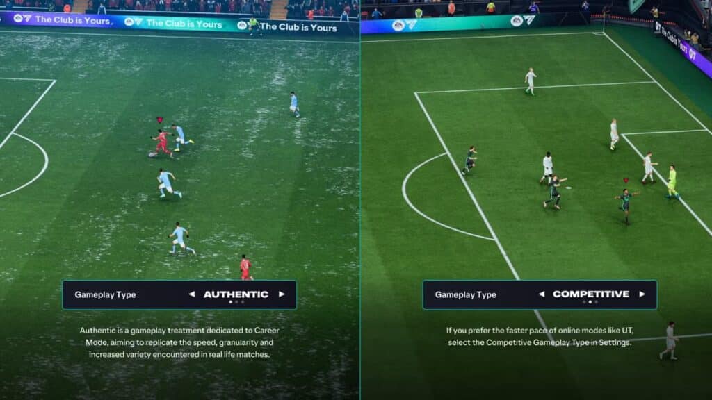 Split-screen of a soccer game showing "Authentic" on the left and "Competitive" on the right gameplay types in EA Sports FC 26.