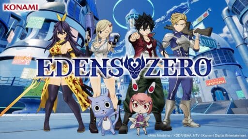 Five anime characters pose in front of a futuristic city with "EDENS ZERO" text overlayed.