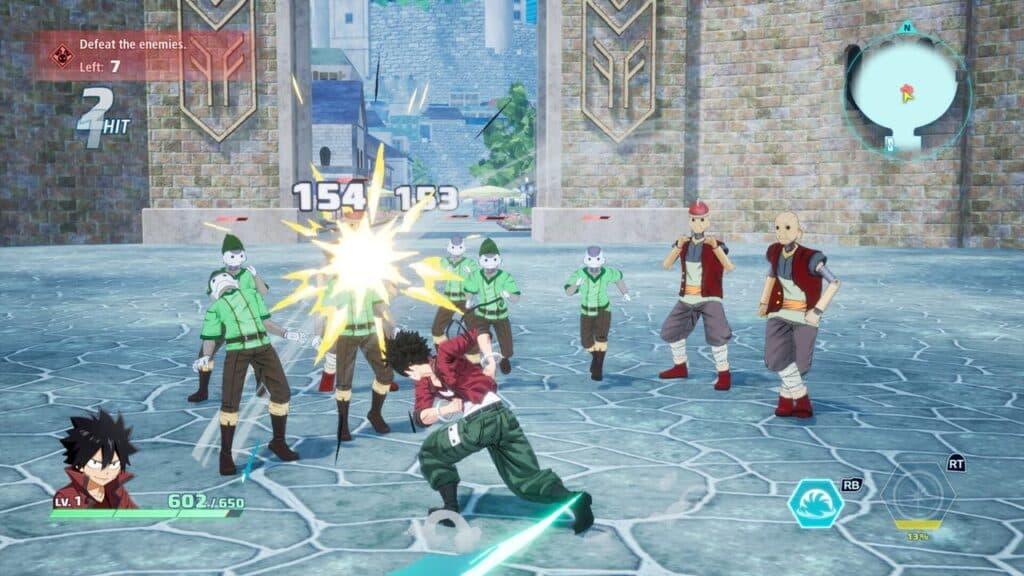 A character from Edens Zero attacks masked enemies in a colorful, animated video game battle scene with on-screen stats.