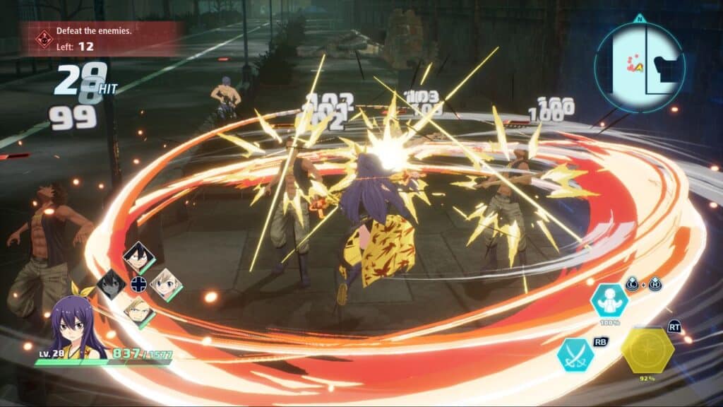 An Edens Zero-inspired anime-style character attacks multiple enemies with a fiery sword slash in a dynamic video game battle scene.
