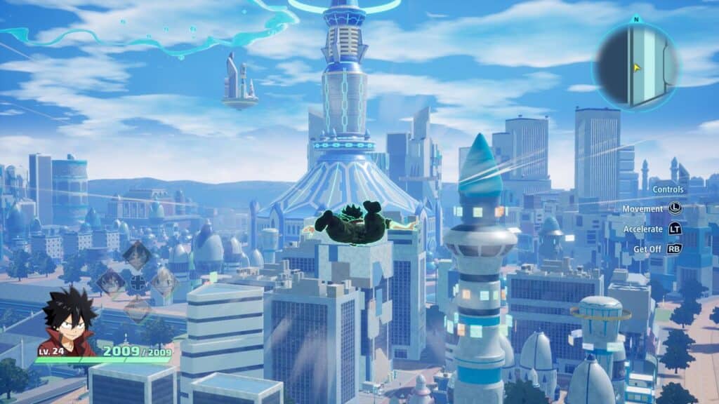 A character from Edens Zero flies above a futuristic cityscape with blue skies and tall, modern buildings.