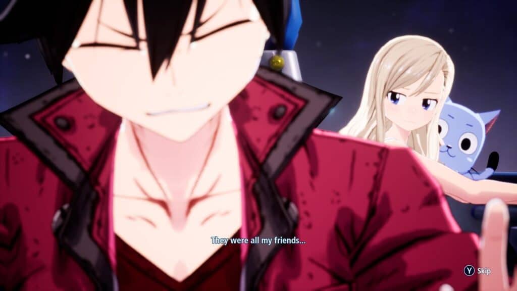 A sad anime boy in red from Edens Zero clenches his teeth, while a girl and a blue cat watch in the background.