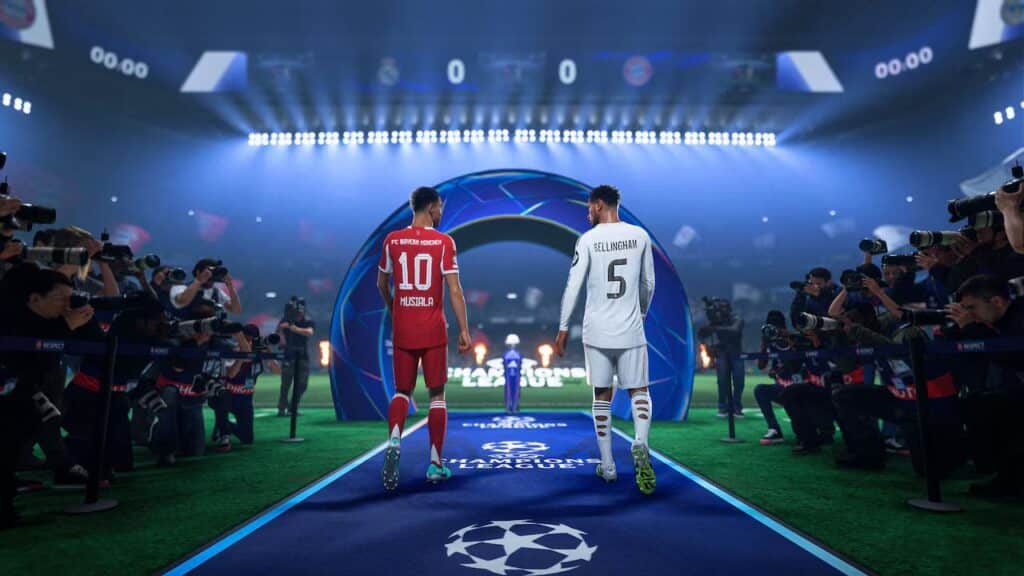 Two soccer players walk onto a stadium field, surrounded by photographers and bright stadium lights, ready for the EA Sports FC 26 showdown.