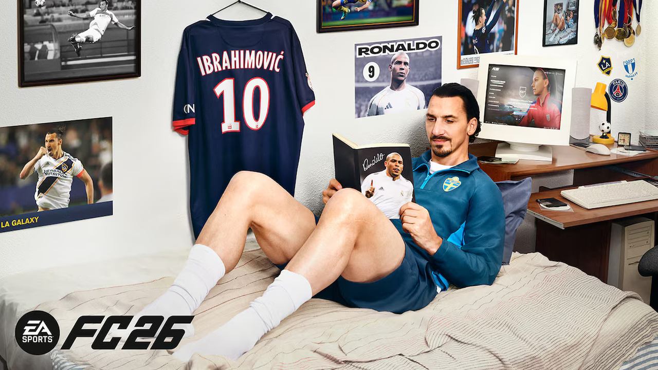 A man in sportswear relaxes on a bed, reading a magazine, surrounded by soccer memorabilia. EA Sports FC 26 logo.