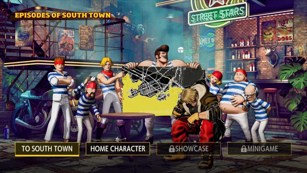 A group of cartoonish fighters pose in a lively city cafe; game menu options appear at the bottom in Fatal Fury City of the Wolves.