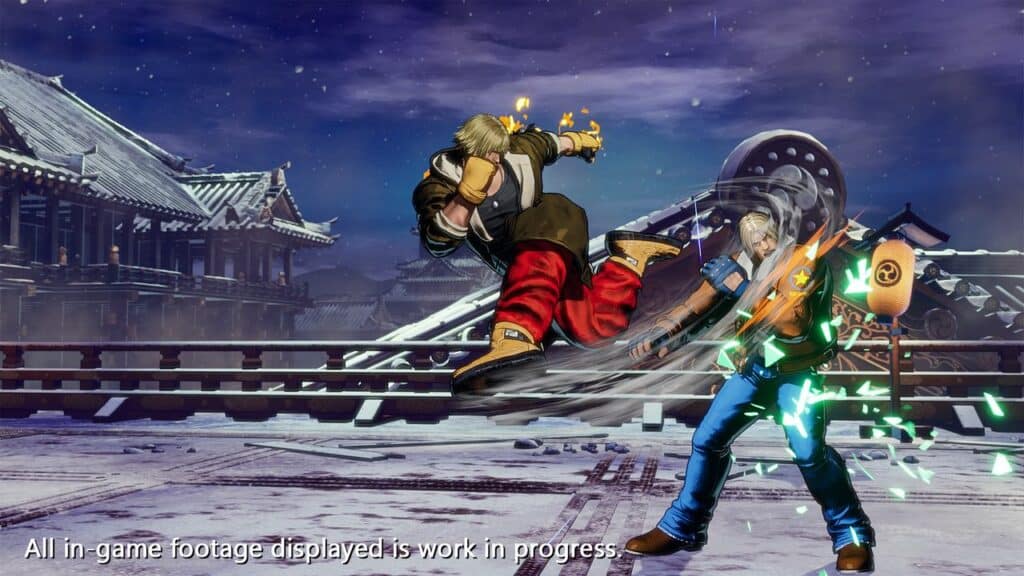 Two animated fighters battle in a snowy courtyard, one kicking while the other blocks with glowing effects in Fatal Fury City of the Wolves.