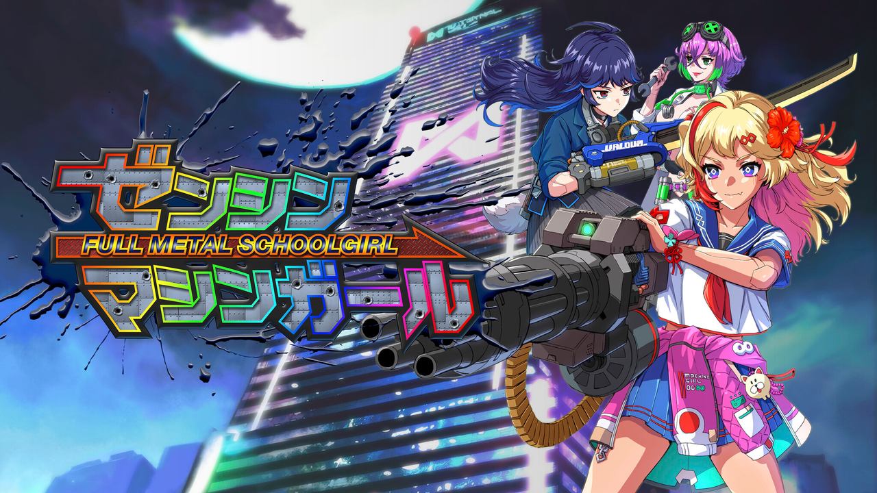 Three anime-style girls with weapons stand in front of a futuristic tower with colorful lights and a night sky in Full Metal Schoolgirl.