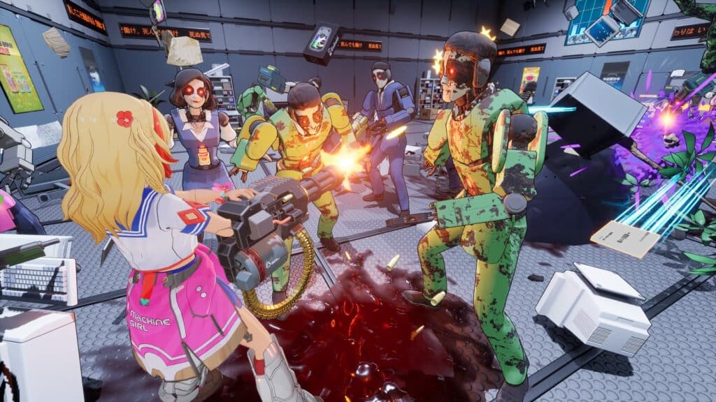 Anime-style girl with a machine gun fighting green-armored zombies in a chaotic, futuristic room.