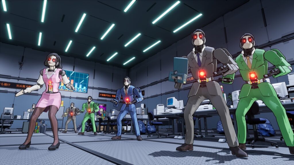Animated office workers with glowing red eyes and suits stand ready in a high-tech, futuristic office in Full Metal Schoolgirl.