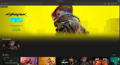 A digital game library interface featuring a Cyberpunk 2077 banner with a character and vibrant yellow background, optimized for GeForce Infinity on Linux.
