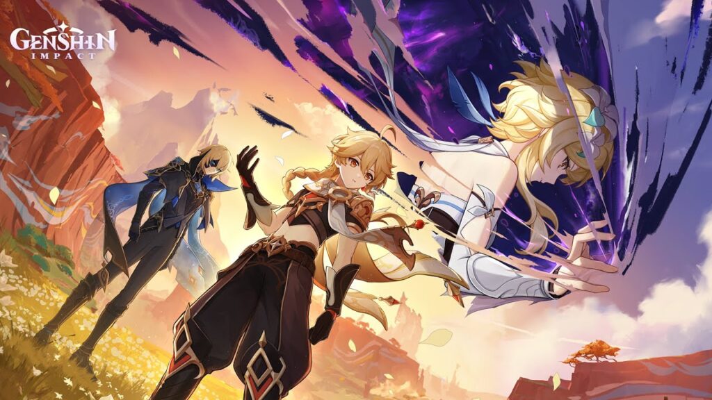 Three anime-style characters stand in a dramatic landscape with swirling energy and a sunset sky, capturing the epic spirit of HoYoverse Gamescom 2025.