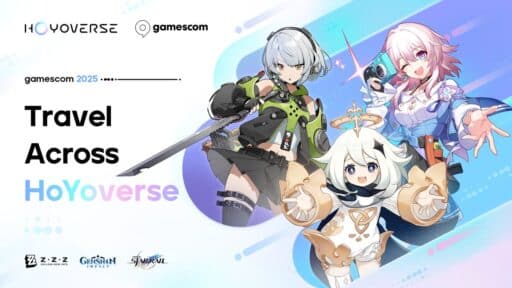 Anime-style characters with swords and bright outfits promote HoYoverse at gamescom 2025; logos at the bottom.