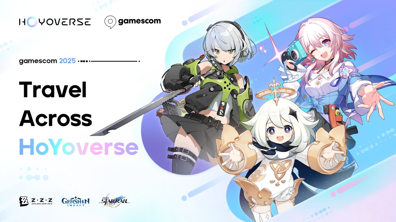 Anime-style characters with swords and bright outfits promote HoYoverse at gamescom 2025; logos at the bottom.