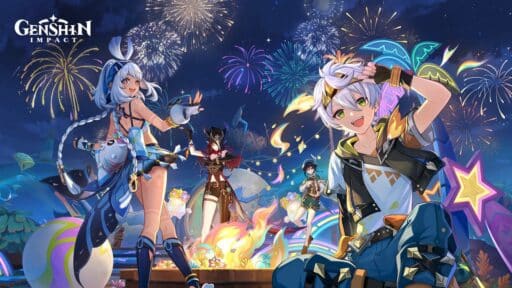 Four Genshin Impact characters celebrate at a festival under the night sky, surrounded by fireworks and colorful decorations, embracing the excitement of Genshin Impact Version 5.8.