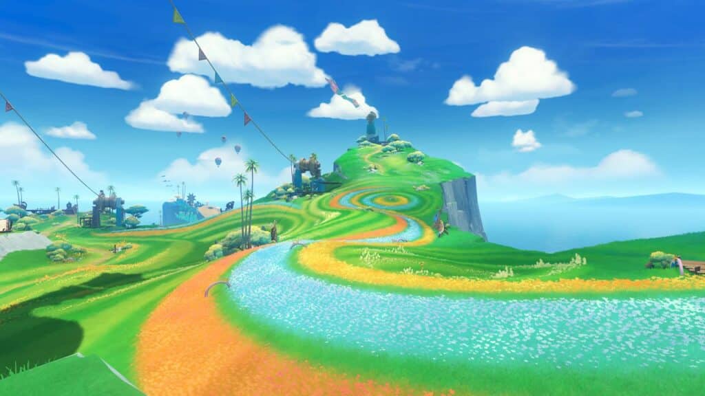 A winding colorful path through green hills under a bright blue sky with fluffy clouds and festival flags, inspired by the vibrant landscapes of Genshin Impact Version 5.8.