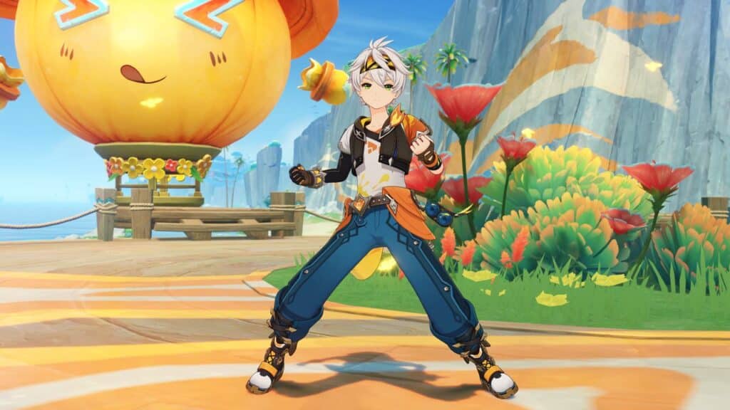 Anime-style character with white hair and blue pants poses confidently in a colorful, vibrant outdoor setting inspired by Genshin Impact Version 5.8.