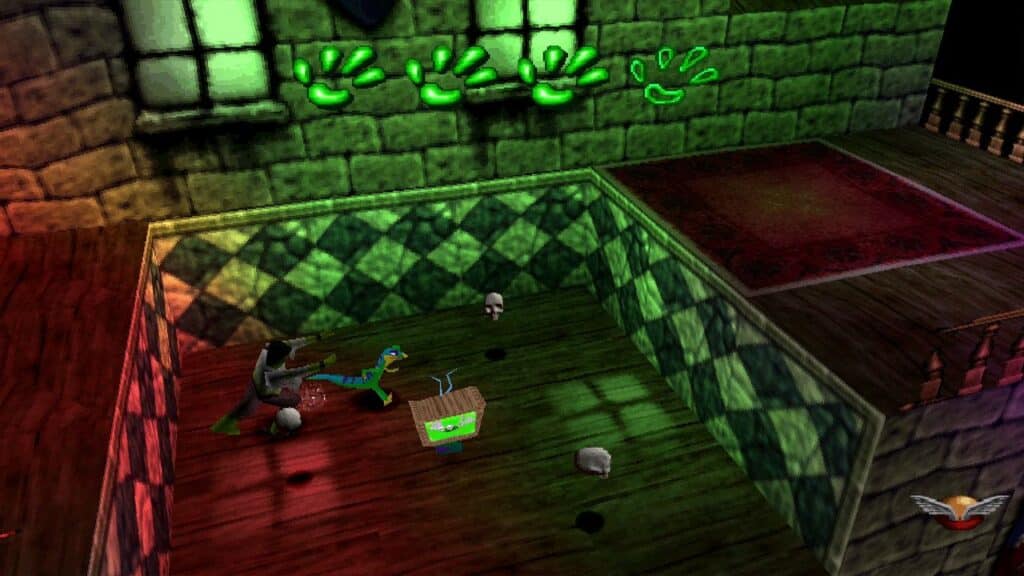 Gex stands near a TV and bones in a checkered room with glowing handprints on the wall, reminiscent of the surreal environments found in the Gex Trilogy.