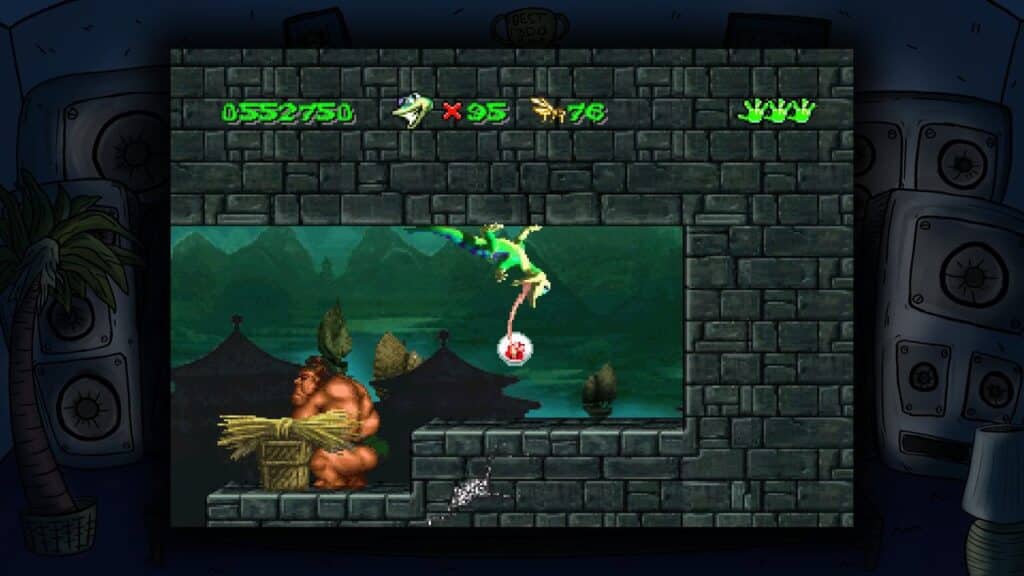 Gex swings from a hook above a gorilla in a dark, castle-like setting reminiscent of the classic Gex Trilogy video games.