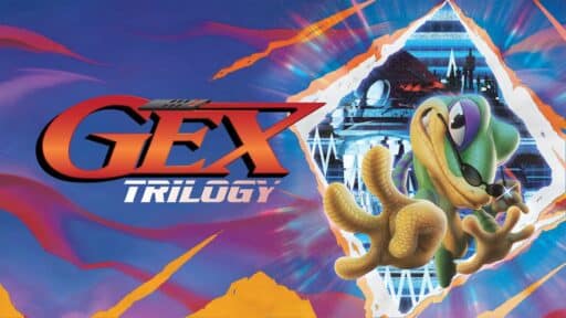 A cartoon gecko wearing sunglasses poses next to the "GEX TRILOGY" logo on a colorful, swirling background.