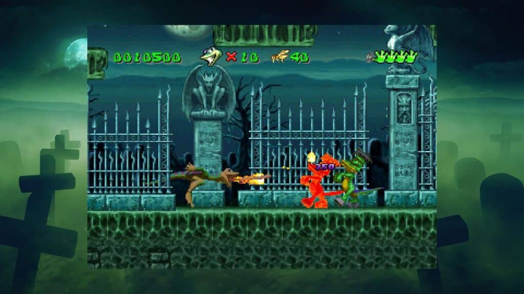 Gex fights monsters in a spooky graveyard level of a retro-style video game inspired by the Gex Trilogy.