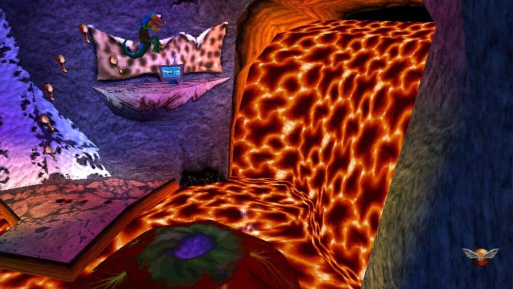 Gex, reminiscent of the Gex Trilogy, stands by a lava waterfall in a colorful, cave-like environment with animal print décor.