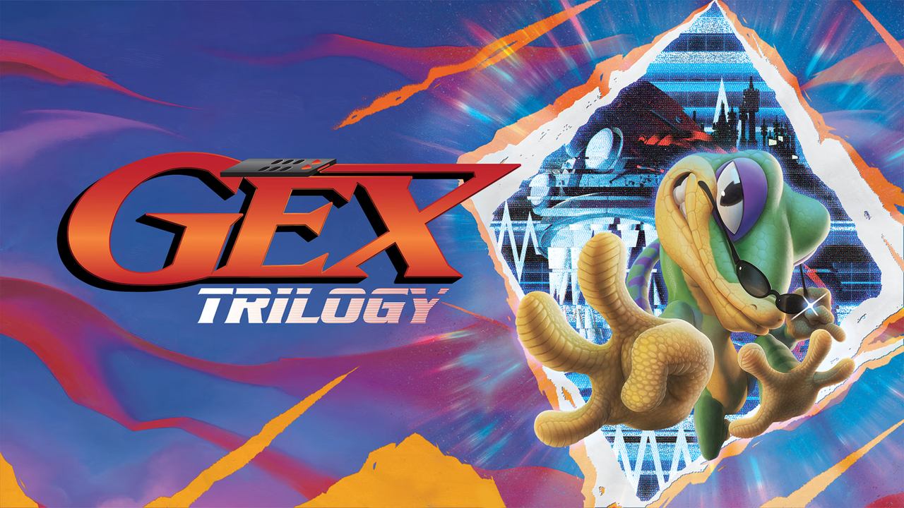 A cartoon gecko wearing sunglasses poses next to the "GEX TRILOGY" logo on a colorful, swirling background.