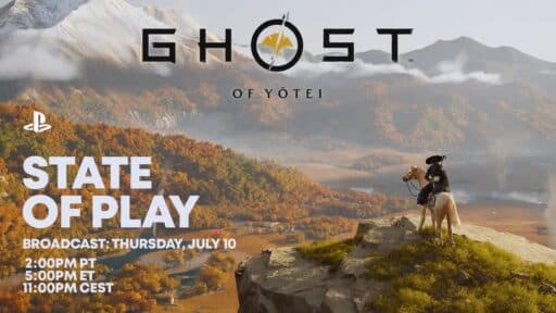 A samurai on horseback overlooks a vast autumn landscape; Ghost of Yotei State of Play event details shown.