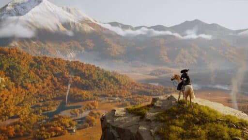 A rider on horseback overlooks an autumn valley with distant mountains and scattered clouds, evoking scenes from the Ghost of Yotei State of Play.