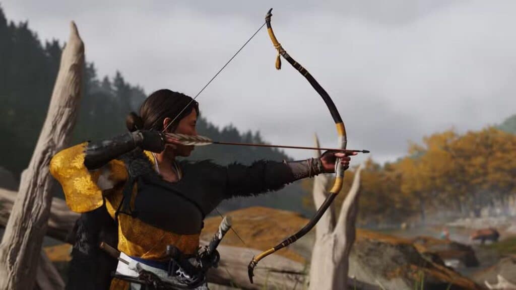 A woman in yellow and black clothing draws a bow and arrow outdoors, aiming towards the right at the Ghost of Yotei State of Play.
