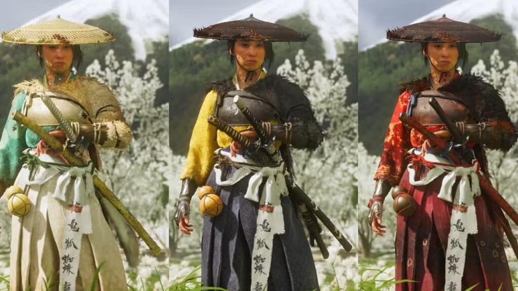 Three samurai warriors in traditional armor, each wearing different colored outfits, stand in front of snowy trees.