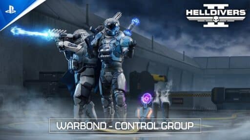 Two armored soldiers wield glowing blue weapons in a futuristic scene. "Helldivers 2 Control Group Warbond" is displayed below, highlighting this striking bundle.