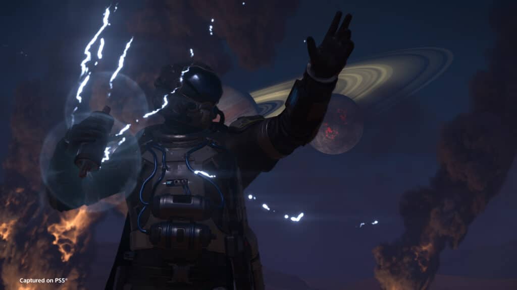 A figure in a spacesuit is struck by lightning beneath planets swirling in a dark, stormy sky, reminiscent of Helldivers 2 Control Group Warbond’s intense sci-fi battles.