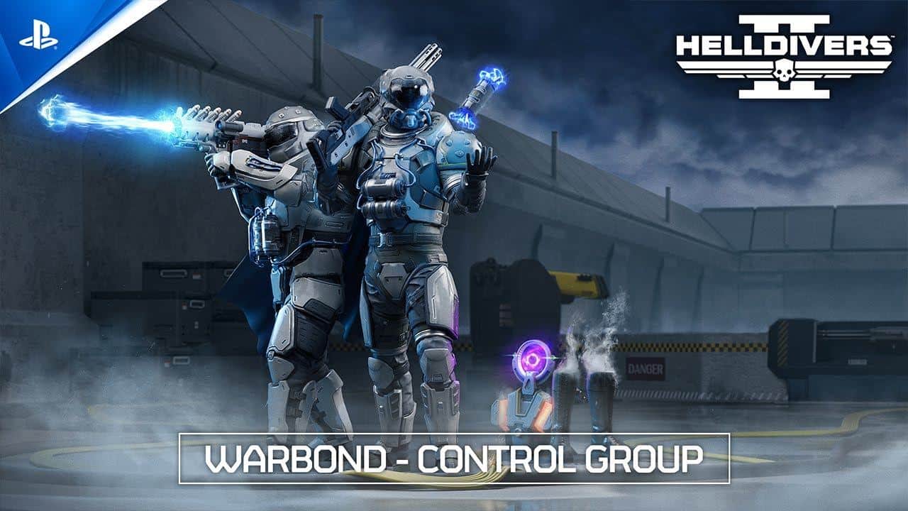 Two armored soldiers wield glowing blue weapons in a futuristic scene. "Helldivers 2 Control Group Warbond" is displayed below, highlighting this striking bundle.