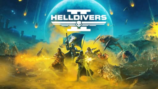 Four armored soldiers battle aliens on a smoky battlefield under a large planet with "Helldivers II is coming to Xbox" text above.