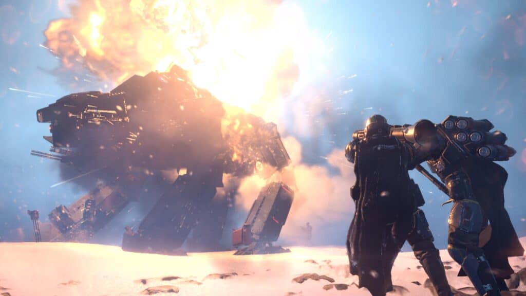 Two armored figures fire a rocket at a large mech, causing a fiery explosion in a snowy environment—sparking anticipation Helldivers 2 on Xbox.
