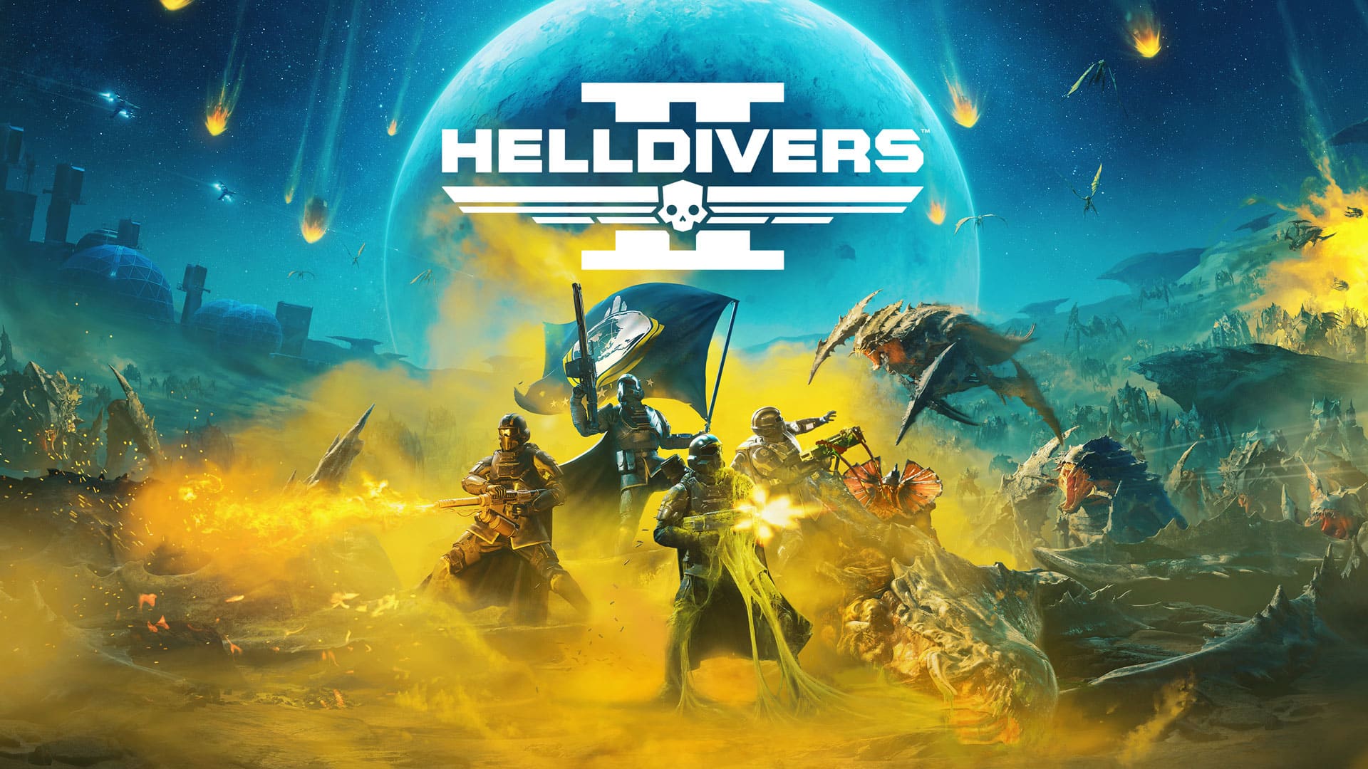 Four armored soldiers battle aliens on a smoky battlefield under a large planet with "Helldivers II is coming to Xbox" text above.