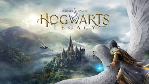 A cloaked figure rides a winged creature toward Hogwarts castle with mountains in the background, evoking the magical adventure of Hogwarts Legacy.