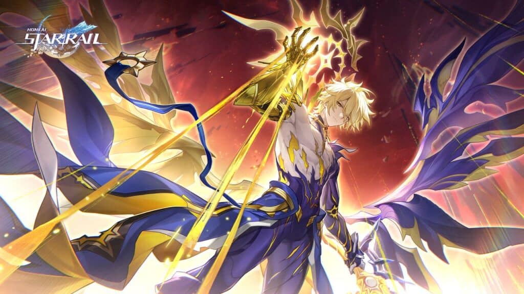 A blonde warrior in blue and gold armor summons glowing energy, surrounded by dramatic light and swirling ribbons—capturing the epic spirit of HoYoverse Gamescom 2025.