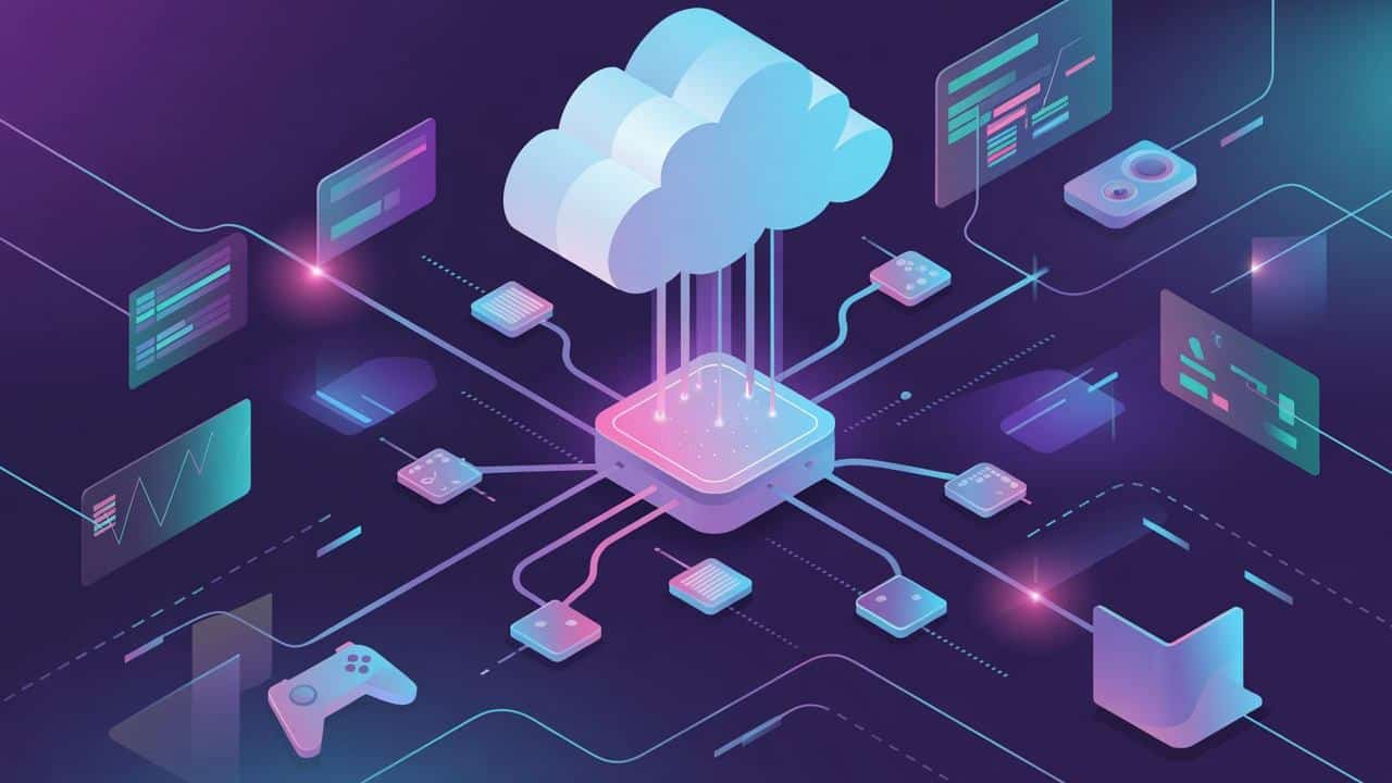 Illustration of cloud computing, featuring a cloud connected to various digital devices and data interfaces, highlighting the role of cloud platforms in gaming.