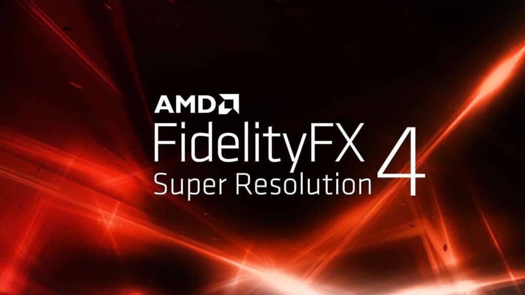 AMD FidelityFX Super Resolution 4 logo on a red and black abstract background, highlighting next-gen visuals and PS5 Pro PSSR upgrade support.