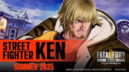 Blonde fighter Ken in winter attire with "Street Fighter Ken, Fatal Fury, Summer 2025" text on screen.
