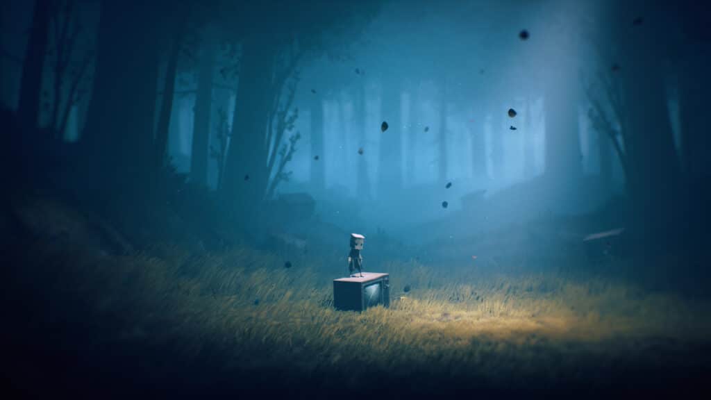 A small figure stands on a box in a misty, dark forest with scattered debris floating in the air, evoking the eerie atmosphere of Little Nightmares II.