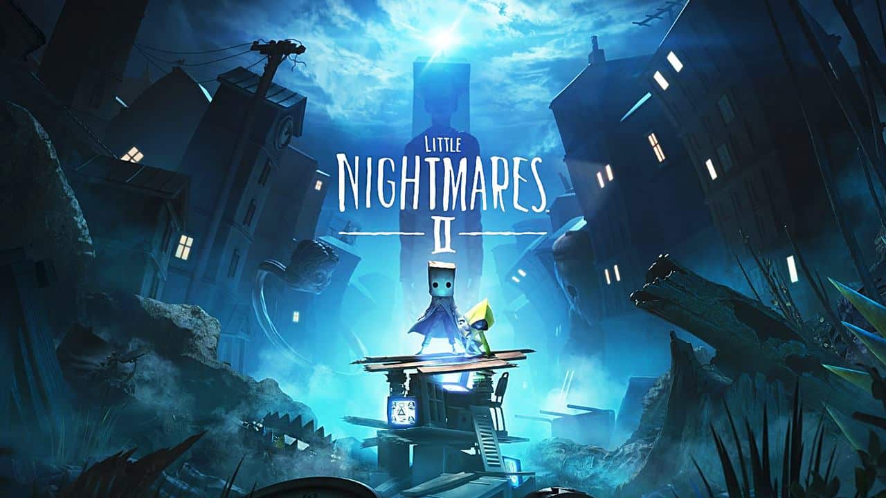 Two small characters stand on a platform in a dark, eerie city with "Little Nightmares II" in the center.