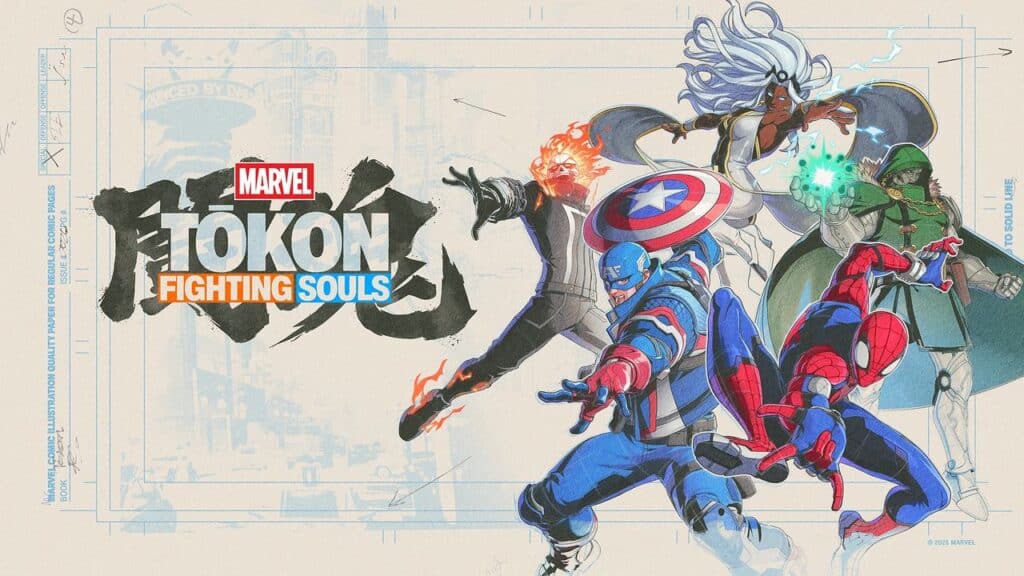 Five Marvel superheroes in action poses surround the "MARVEL Tōkon Evo 2025: Fighting Souls" logo at the center at Evo 2025.